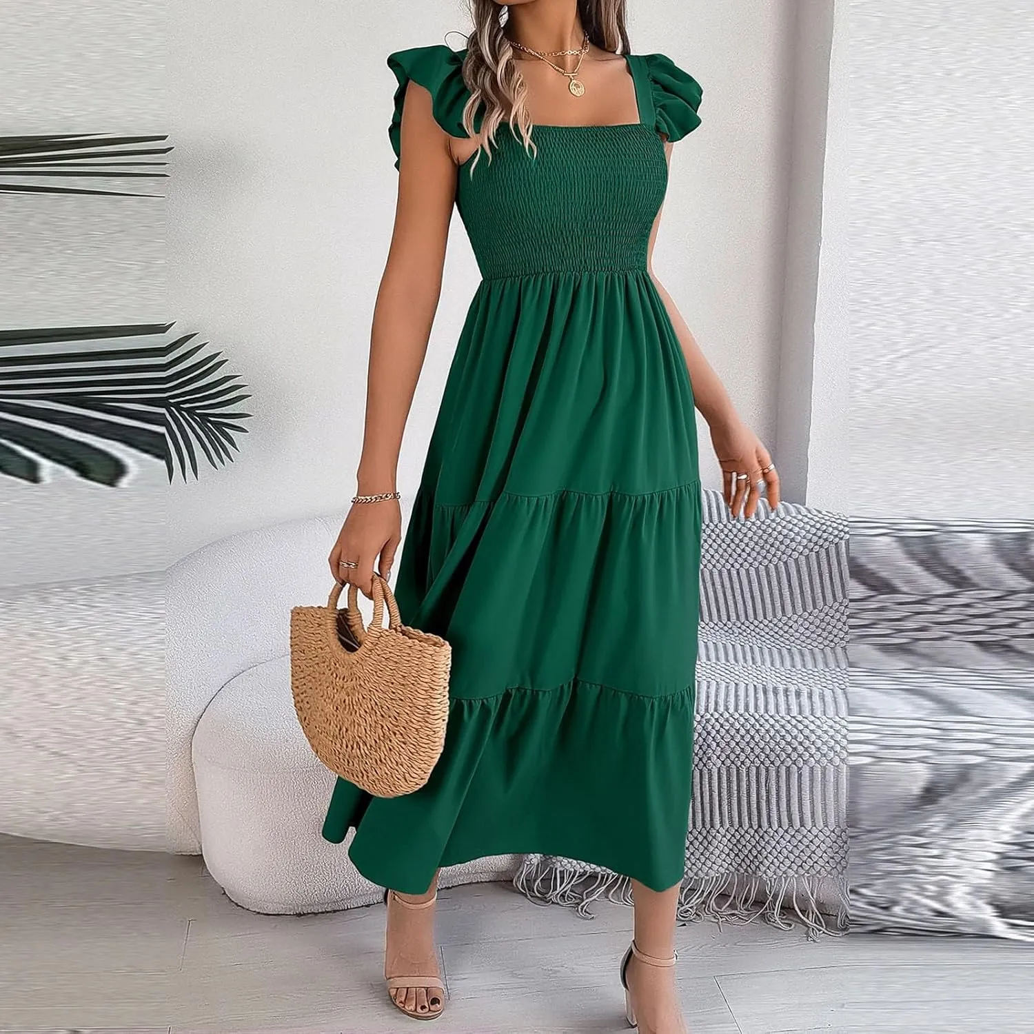 PTOLOCIF Women Summer Sleeveless Maxi Dress Square Neck Smocked Boho Dresses Trendy Ruffle Sleeve Flowy A-Line Beach Sundress