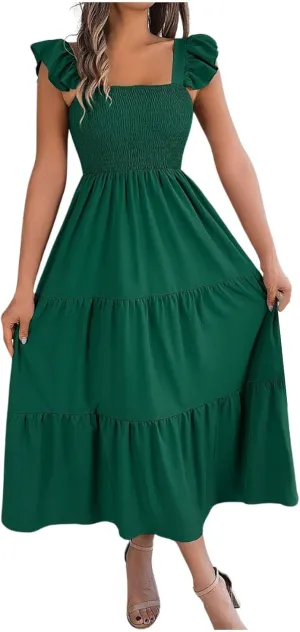PTOLOCIF Women Summer Sleeveless Maxi Dress Square Neck Smocked Boho Dresses Trendy Ruffle Sleeve Flowy A-Line Beach Sundress
