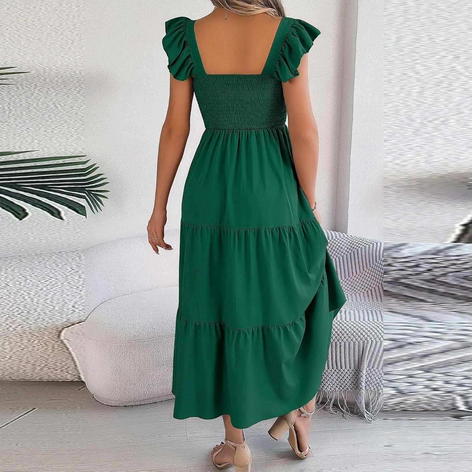 PTOLOCIF Women Summer Sleeveless Maxi Dress Square Neck Smocked Boho Dresses Trendy Ruffle Sleeve Flowy A-Line Beach Sundress