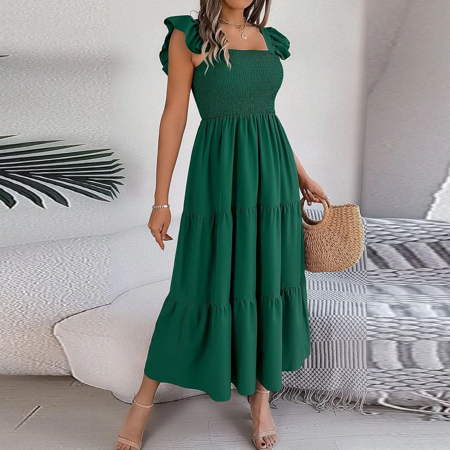PTOLOCIF Women Summer Sleeveless Maxi Dress Square Neck Smocked Boho Dresses Trendy Ruffle Sleeve Flowy A-Line Beach Sundress