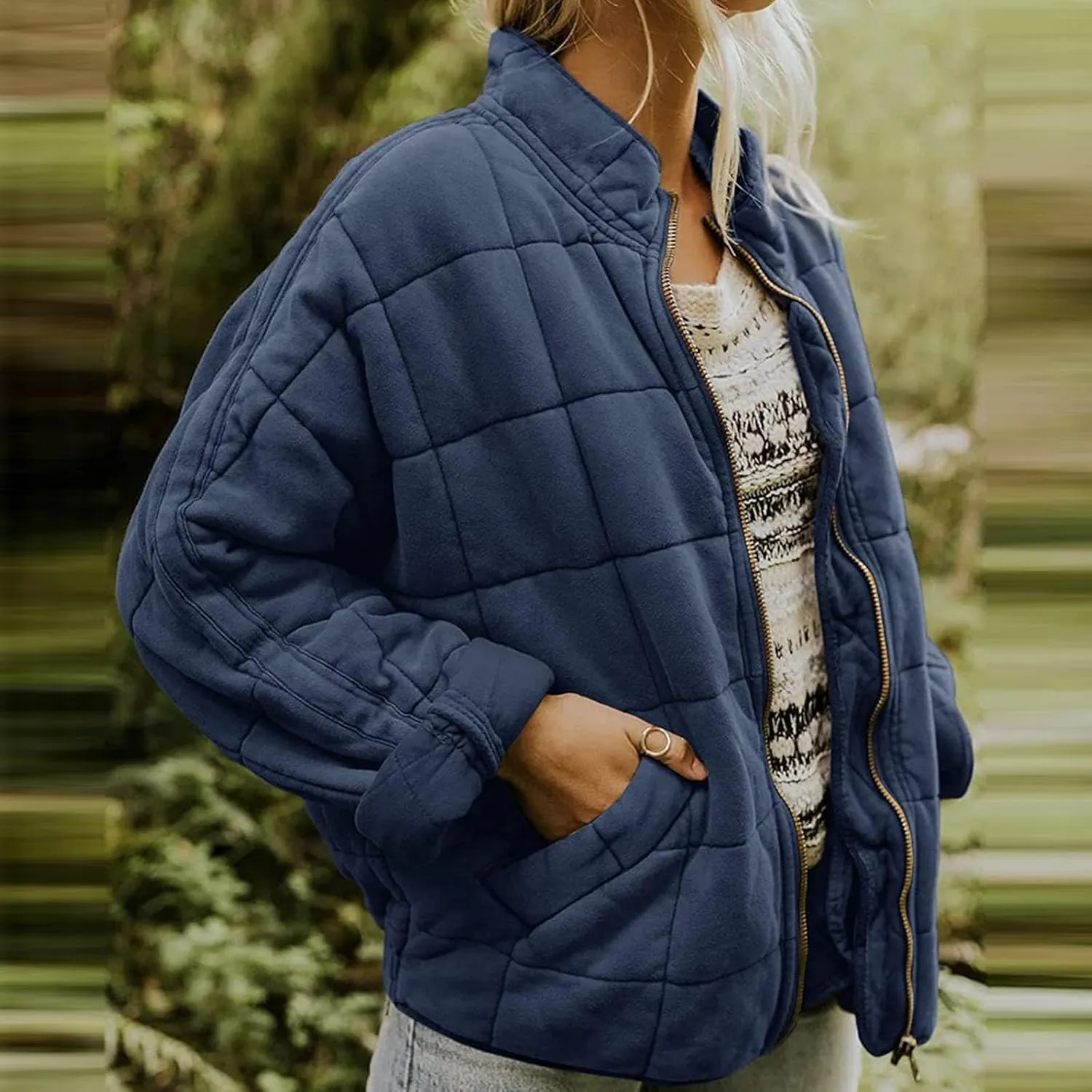 Quilted Jackets for Women Zip Up Plus Size Long Sleeve Coat Lightweight Puffer Jackets Loose Fit Winter Warm Outwear