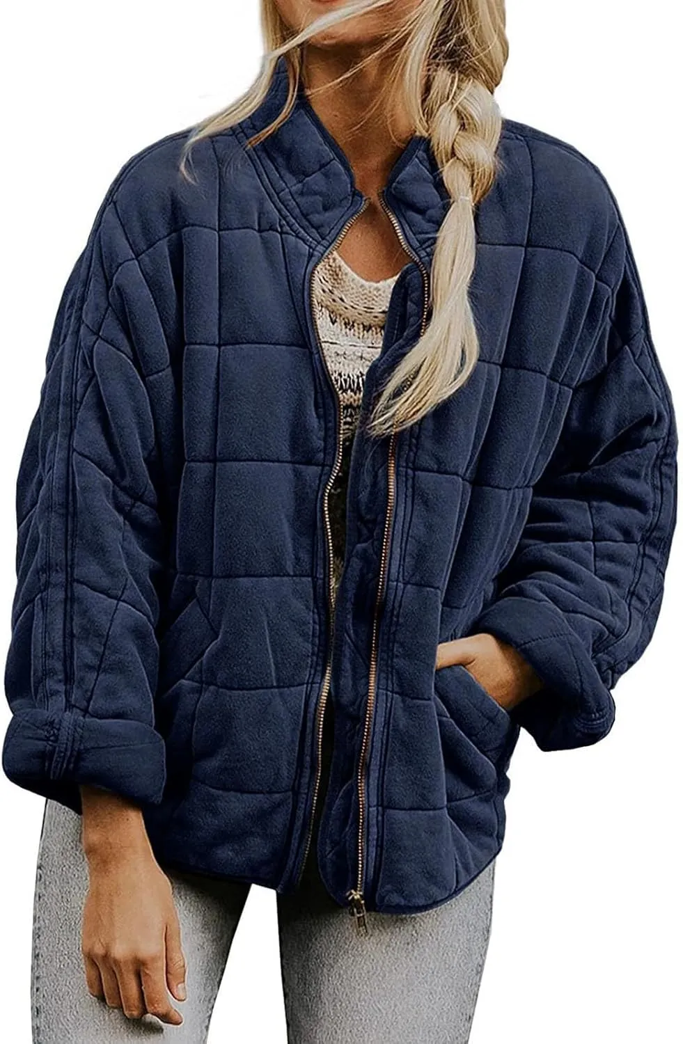 Quilted Jackets for Women Zip Up Plus Size Long Sleeve Coat Lightweight Puffer Jackets Loose Fit Winter Warm Outwear