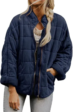 Quilted Jackets for Women Zip Up Plus Size Long Sleeve Coat Lightweight Puffer Jackets Loose Fit Winter Warm Outwear