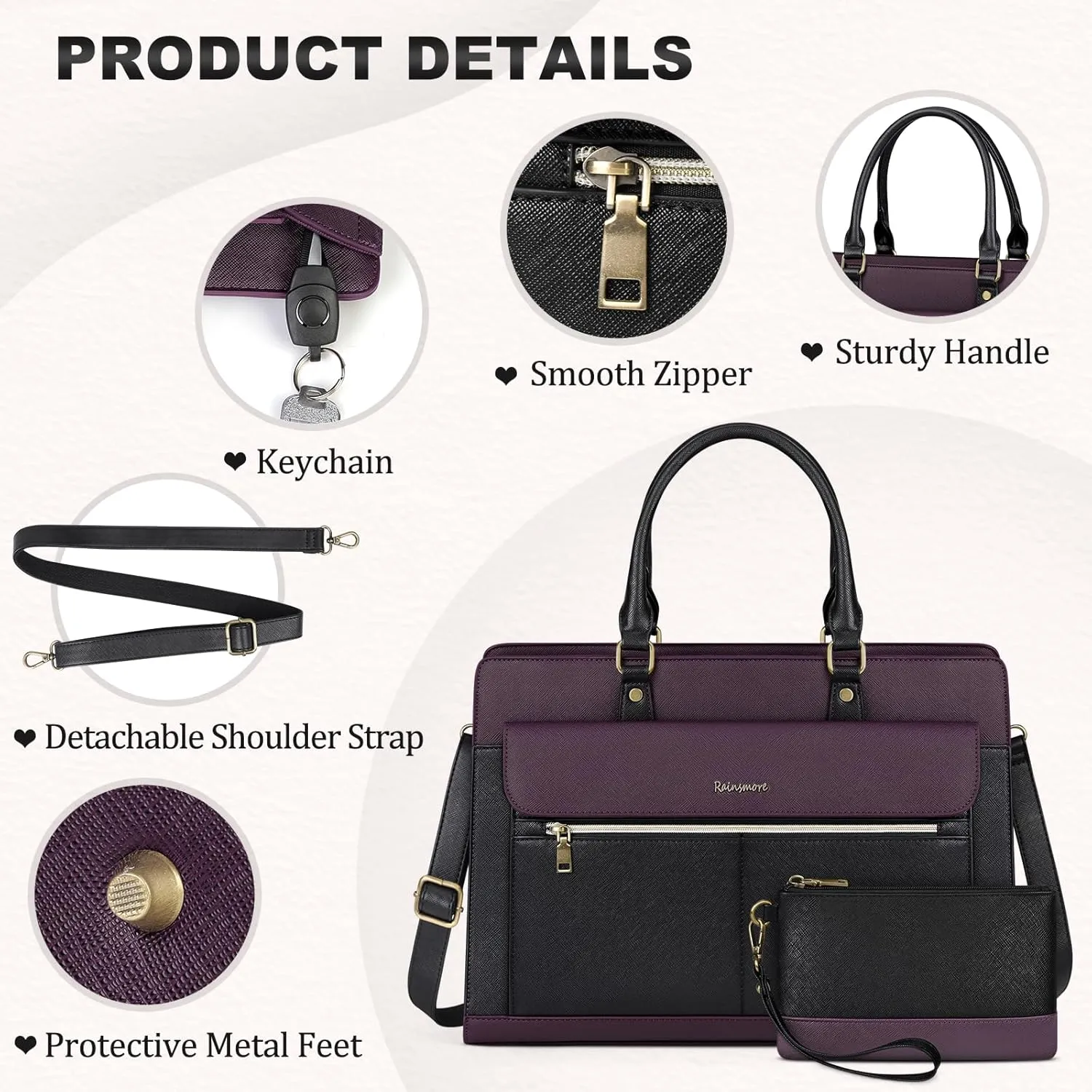 RAINSMORE Laptop Bag for Women 15.6 Inch Laptop Tote Bag Business Office Work Bags Professional Briefcase Waterproof Leather PU Computer Bag Teacher Shoulder Bag Handbag
