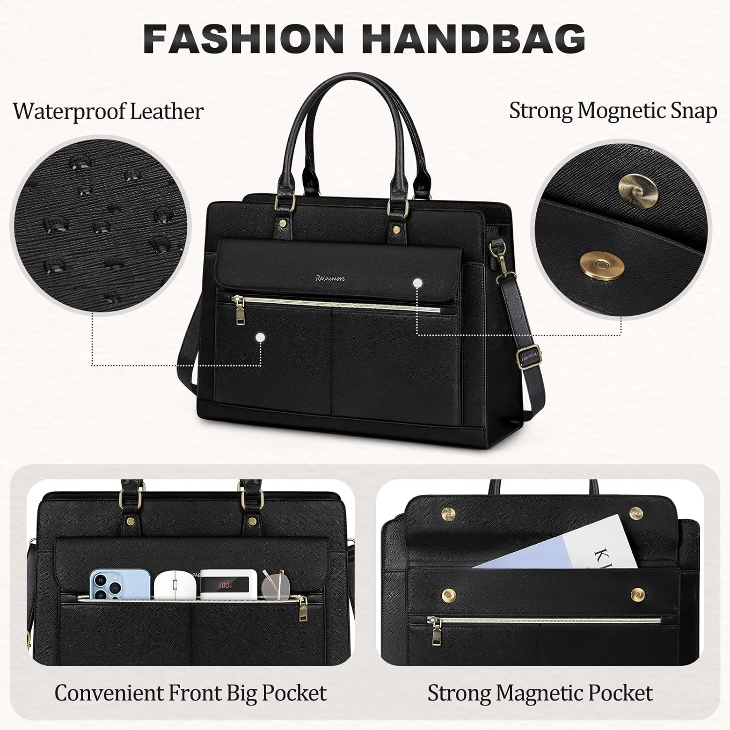 RAINSMORE Laptop Bag for Women 15.6 Inch Laptop Tote Bag Business Office Work Bags Professional Briefcase Waterproof Leather PU Computer Bag Teacher Shoulder Bag Handbag