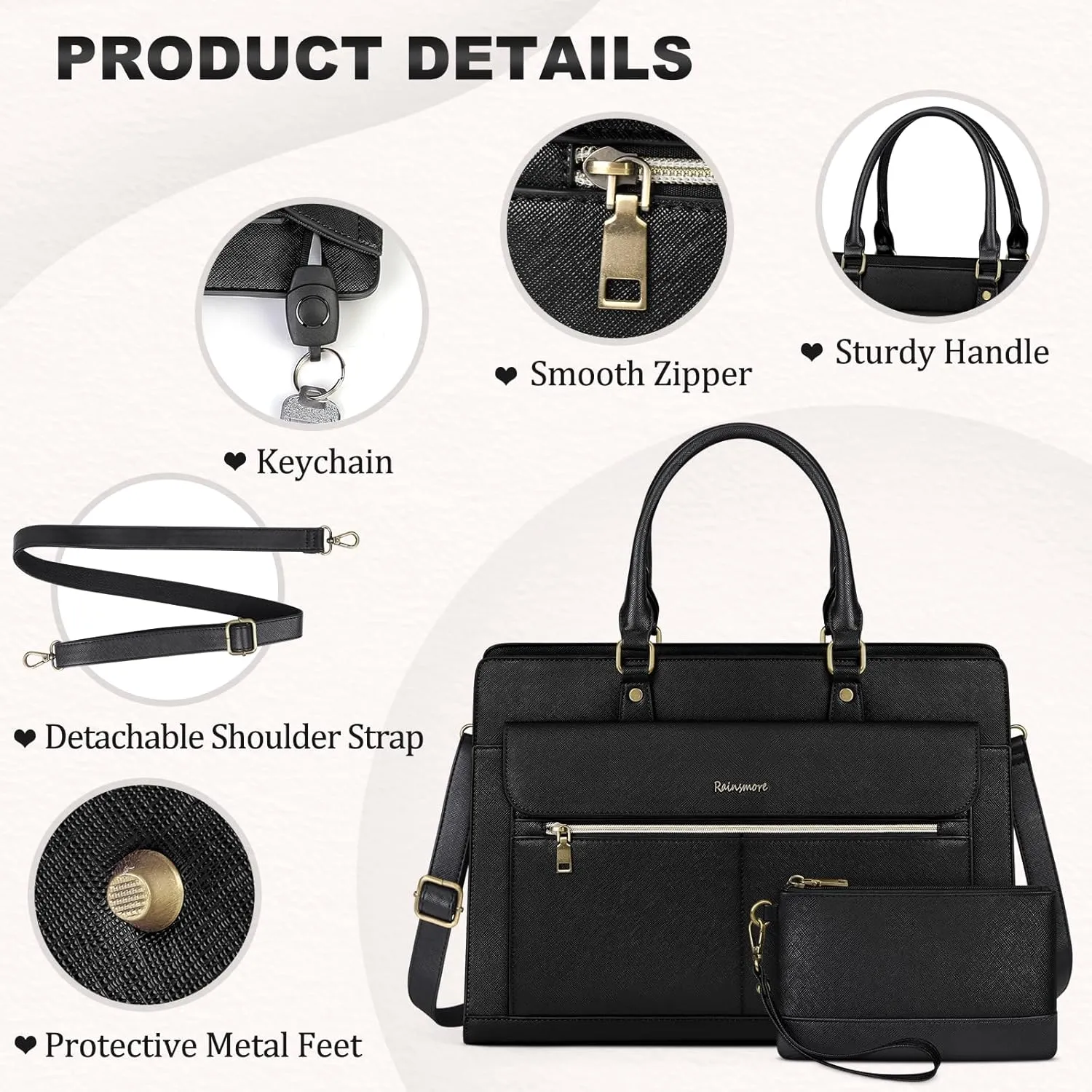 RAINSMORE Laptop Bag for Women 15.6 Inch Laptop Tote Bag Business Office Work Bags Professional Briefcase Waterproof Leather PU Computer Bag Teacher Shoulder Bag Handbag