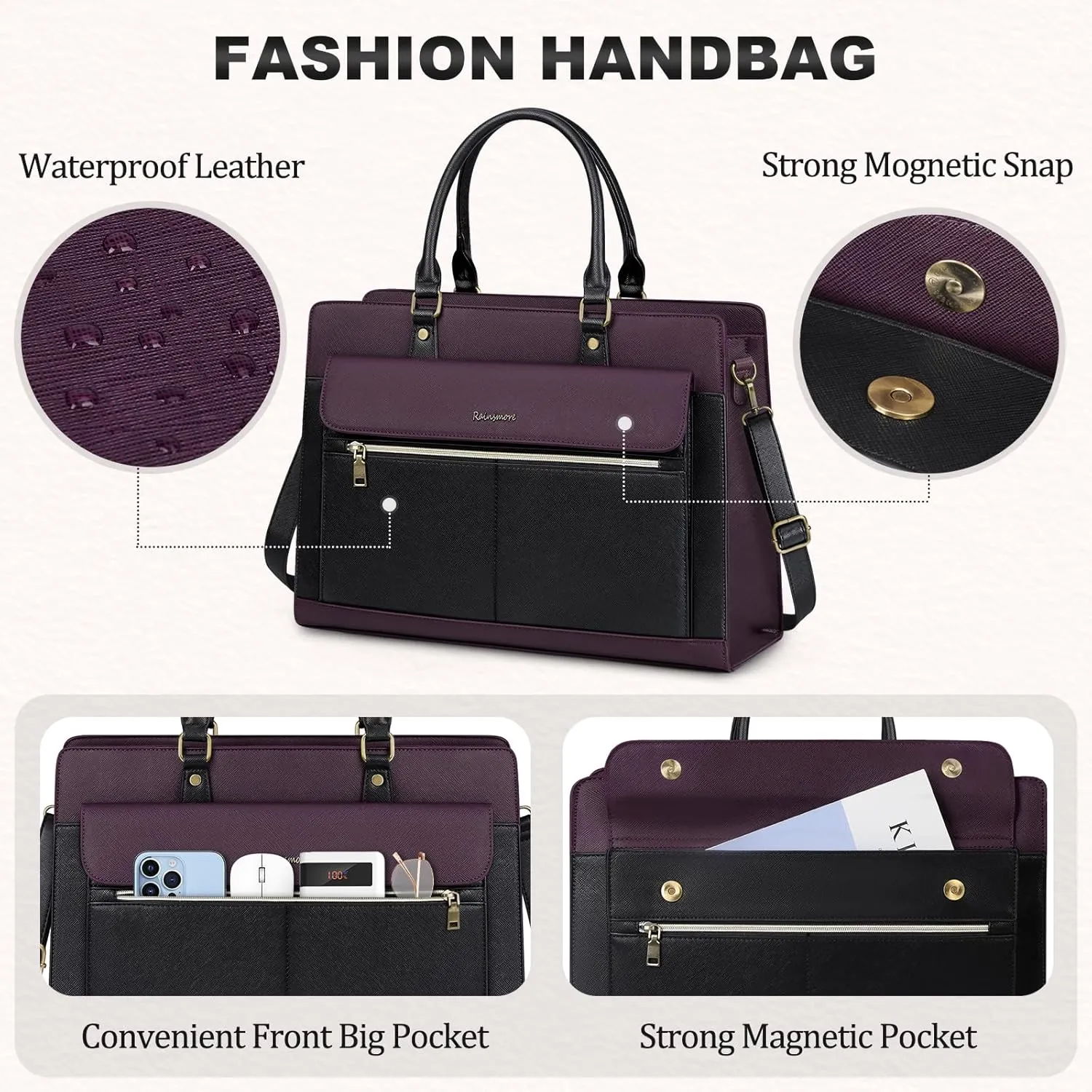 RAINSMORE Laptop Bag for Women 15.6 Inch Laptop Tote Bag Business Office Work Bags Professional Briefcase Waterproof Leather PU Computer Bag Teacher Shoulder Bag Handbag