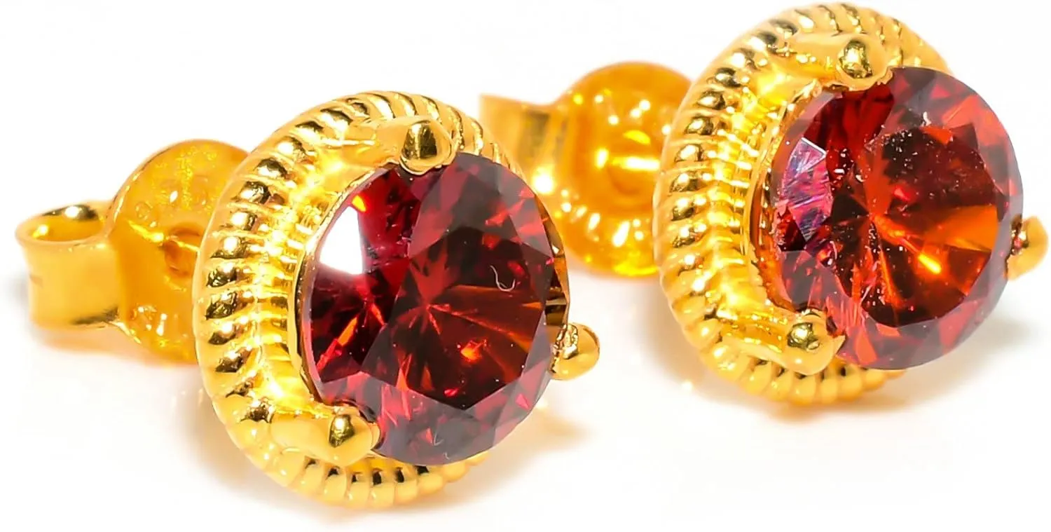 Red Garnet Jewelry Set, Sterling Silver or Gold-Plated Ring and Stud Earrings, Round Cut