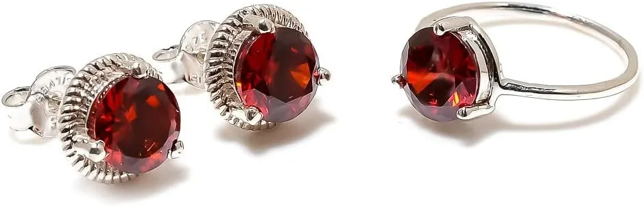 Red Garnet Jewelry Set, Sterling Silver or Gold-Plated Ring and Stud Earrings, Round Cut