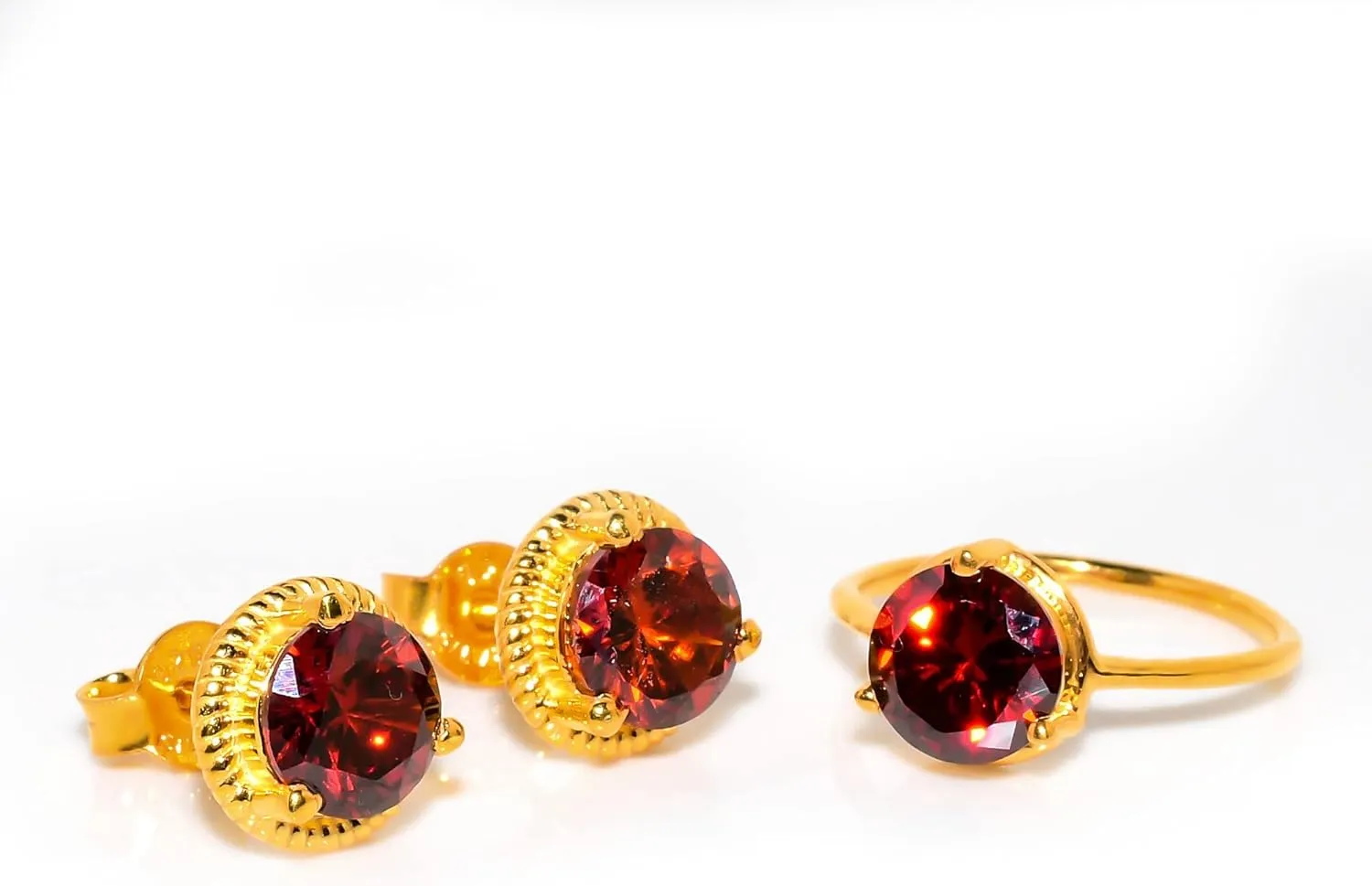 Red Garnet Jewelry Set, Sterling Silver or Gold-Plated Ring and Stud Earrings, Round Cut