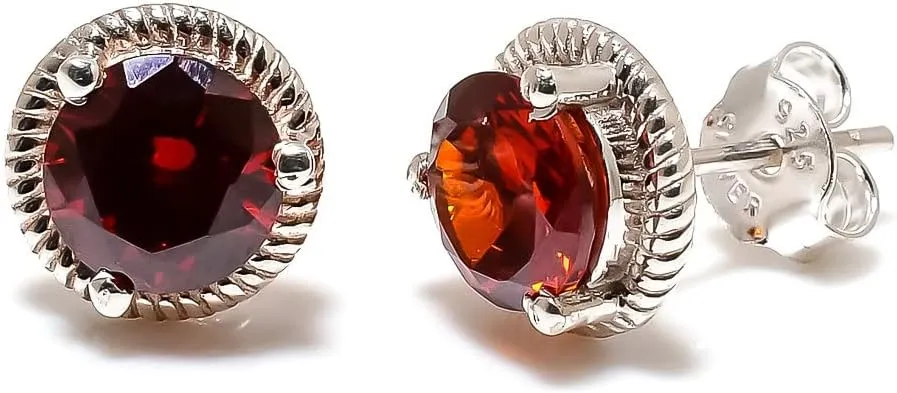 Red Garnet Jewelry Set, Sterling Silver or Gold-Plated Ring and Stud Earrings, Round Cut