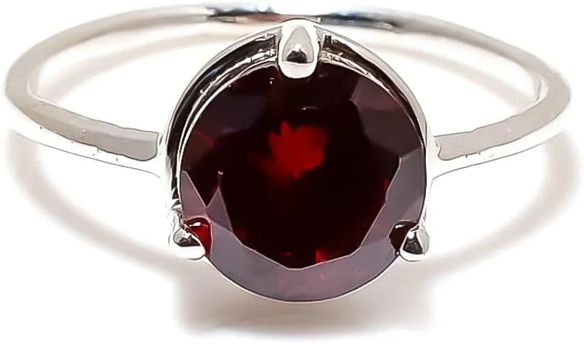 Red Garnet Jewelry Set, Sterling Silver or Gold-Plated Ring and Stud Earrings, Round Cut