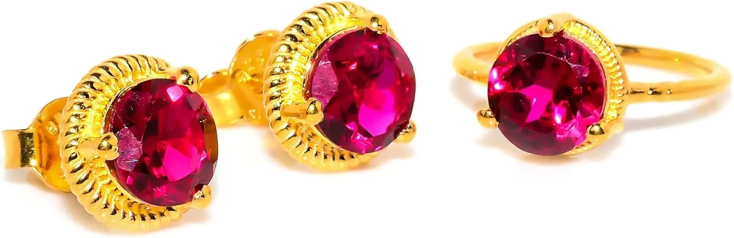 Red Ruby Jewelry Set, Sterling Silver or Gold-Plated Ring and Stud Earrings, Round Cut