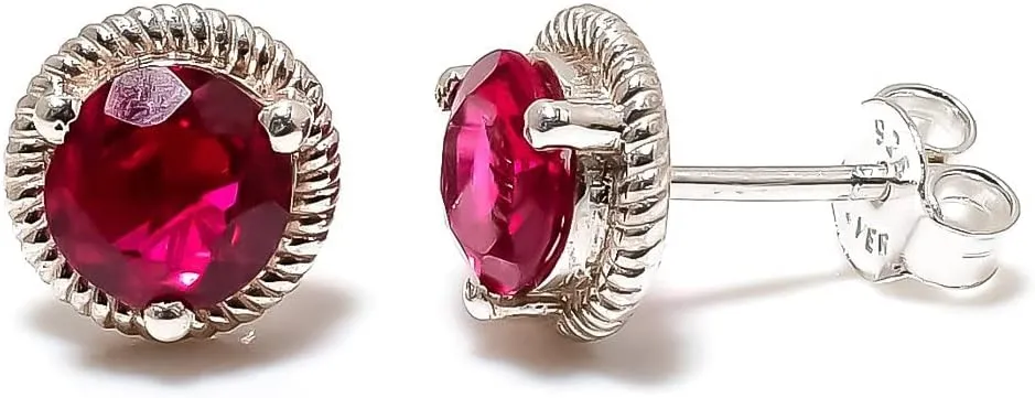 Red Ruby Jewelry Set, Sterling Silver or Gold-Plated Ring and Stud Earrings, Round Cut