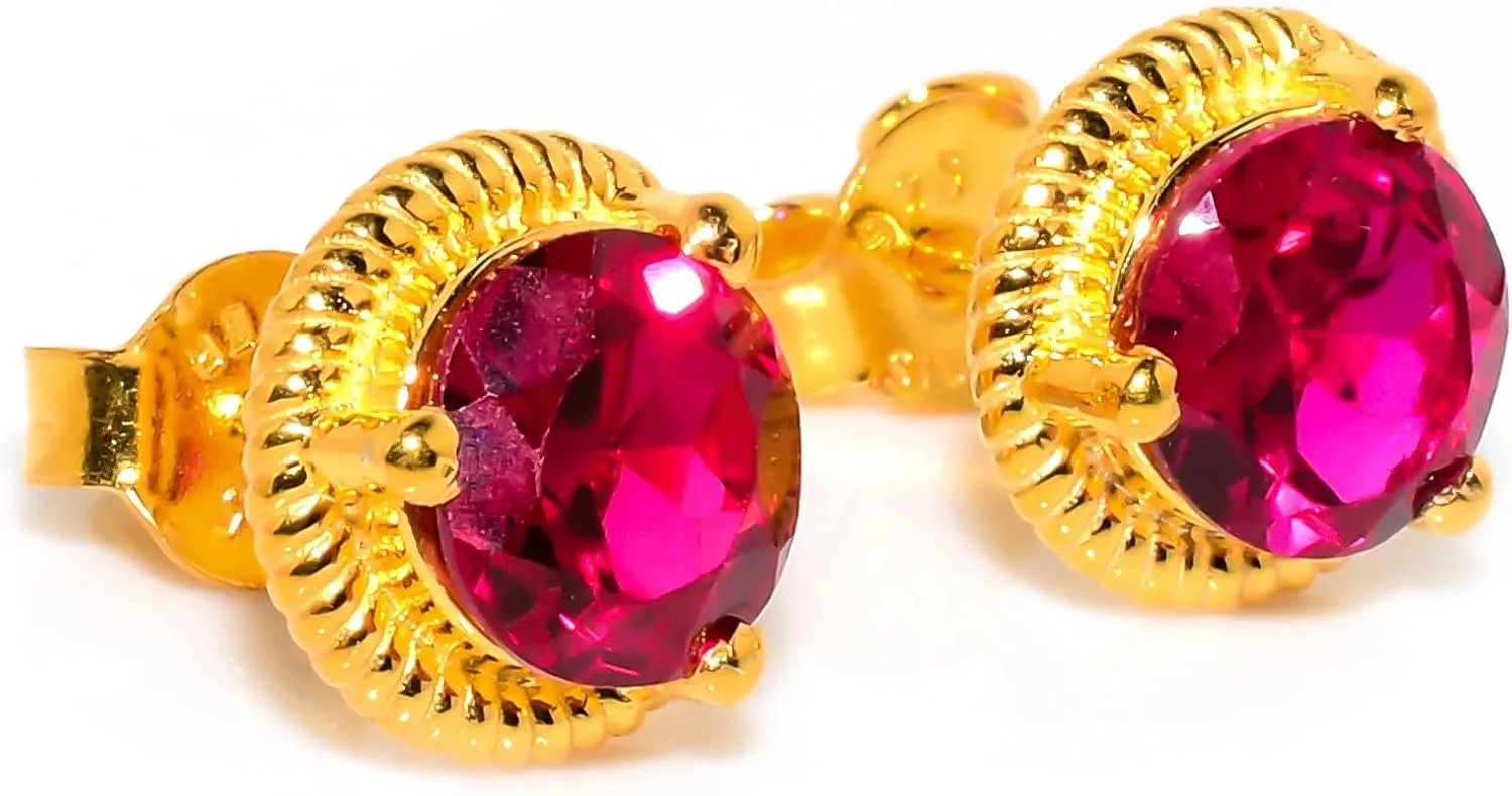 Red Ruby Jewelry Set, Sterling Silver or Gold-Plated Ring and Stud Earrings, Round Cut