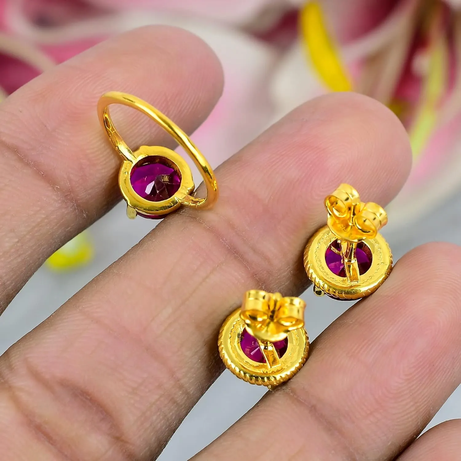 Red Ruby Jewelry Set, Sterling Silver or Gold-Plated Ring and Stud Earrings, Round Cut