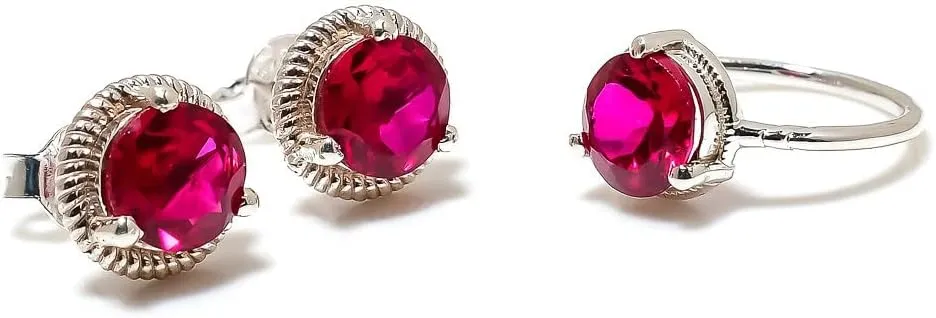 Red Ruby Jewelry Set, Sterling Silver or Gold-Plated Ring and Stud Earrings, Round Cut