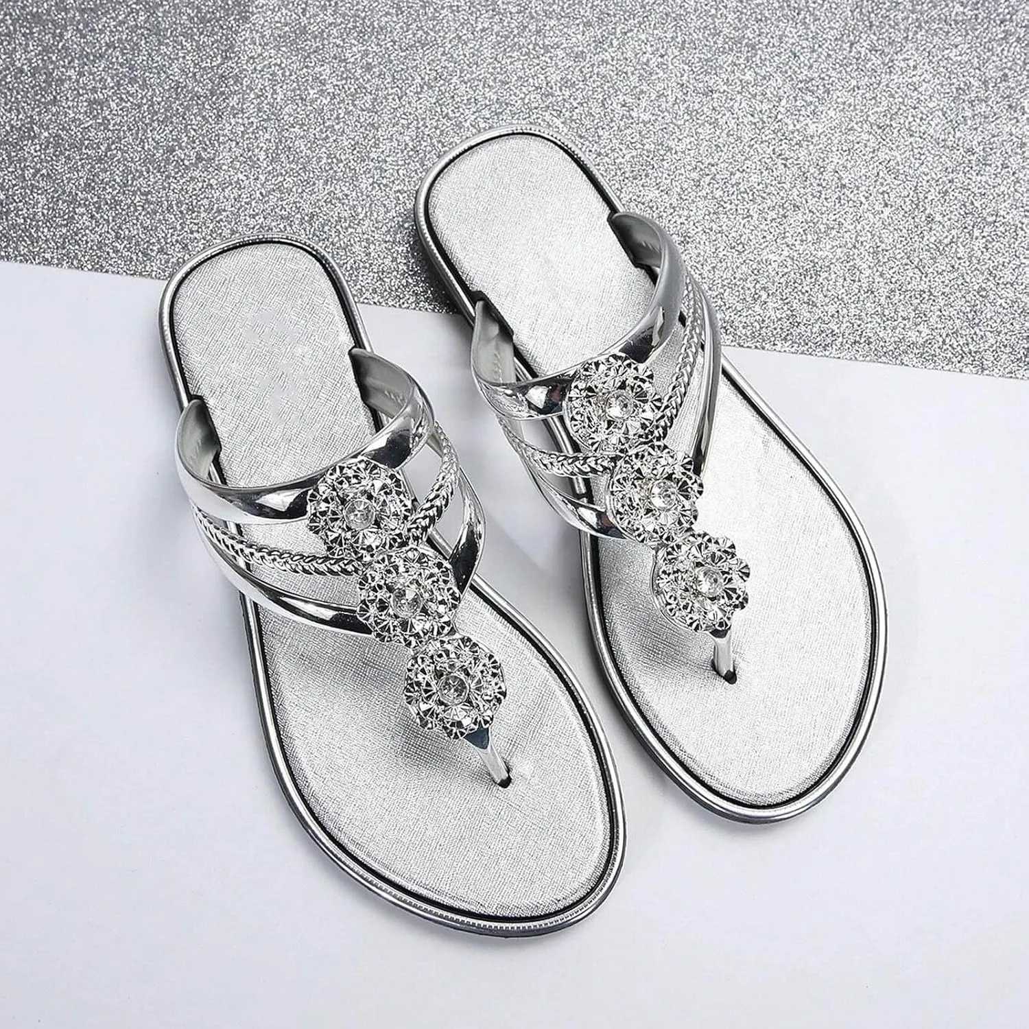 Rhinestone Flip Flops for Women Flat Flip Flops Slippers Fashion Rose Open Toe Sandals Comfortable Non-Slip Flats Bohemian Beach Sandal Comfort Clip Toe Slides