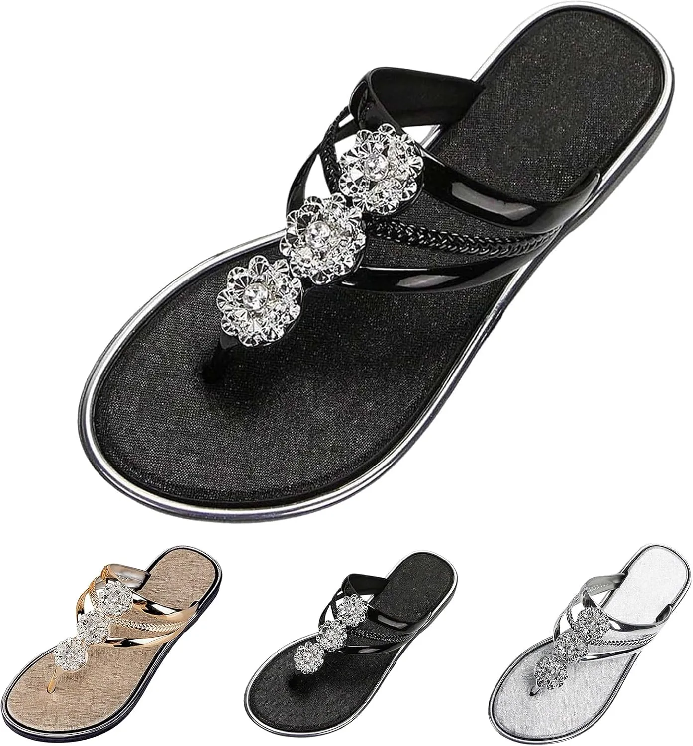Rhinestone Flip Flops for Women Flat Flip Flops Slippers Fashion Rose Open Toe Sandals Comfortable Non-Slip Flats Bohemian Beach Sandal Comfort Clip Toe Slides