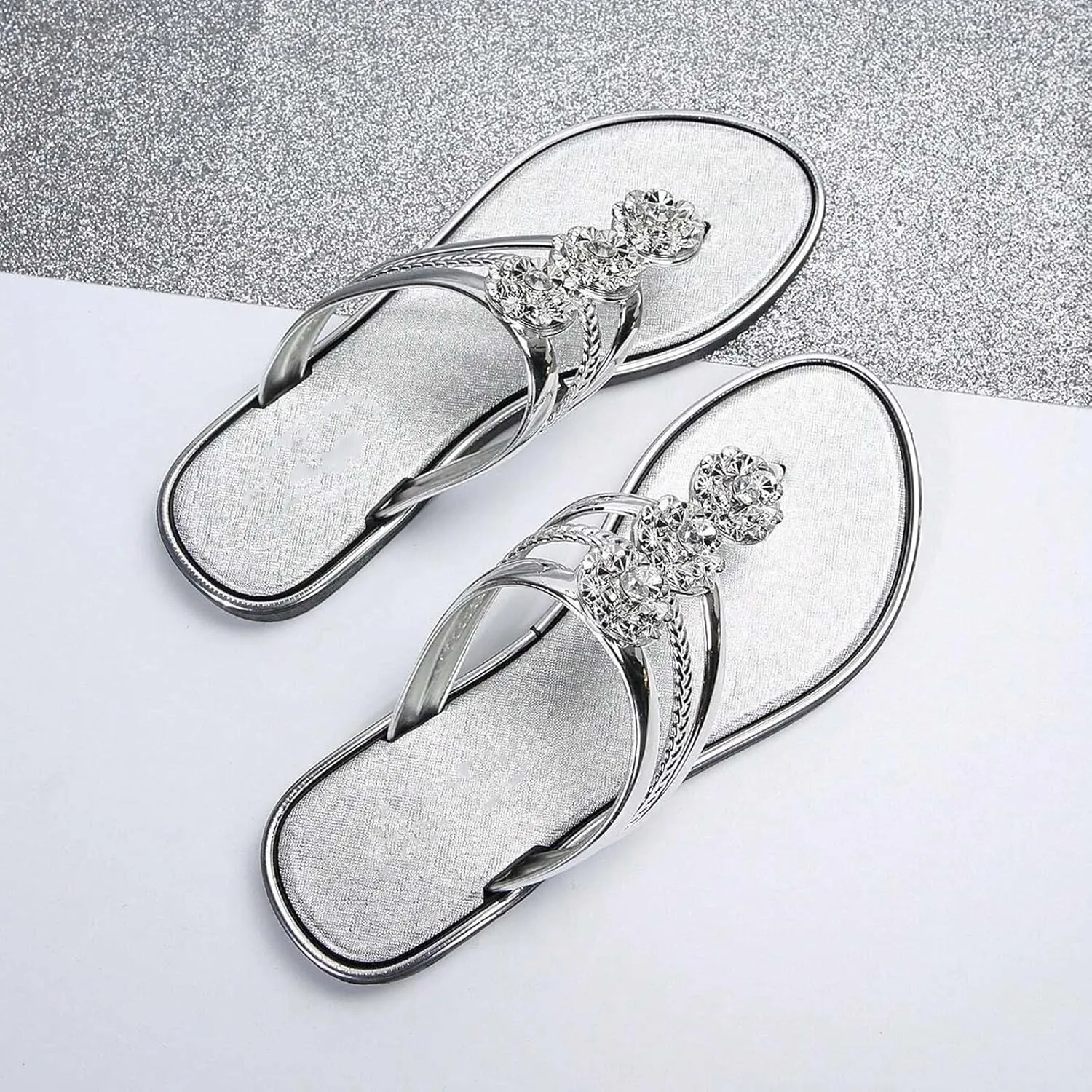 Rhinestone Flip Flops for Women Flat Flip Flops Slippers Fashion Rose Open Toe Sandals Comfortable Non-Slip Flats Bohemian Beach Sandal Comfort Clip Toe Slides