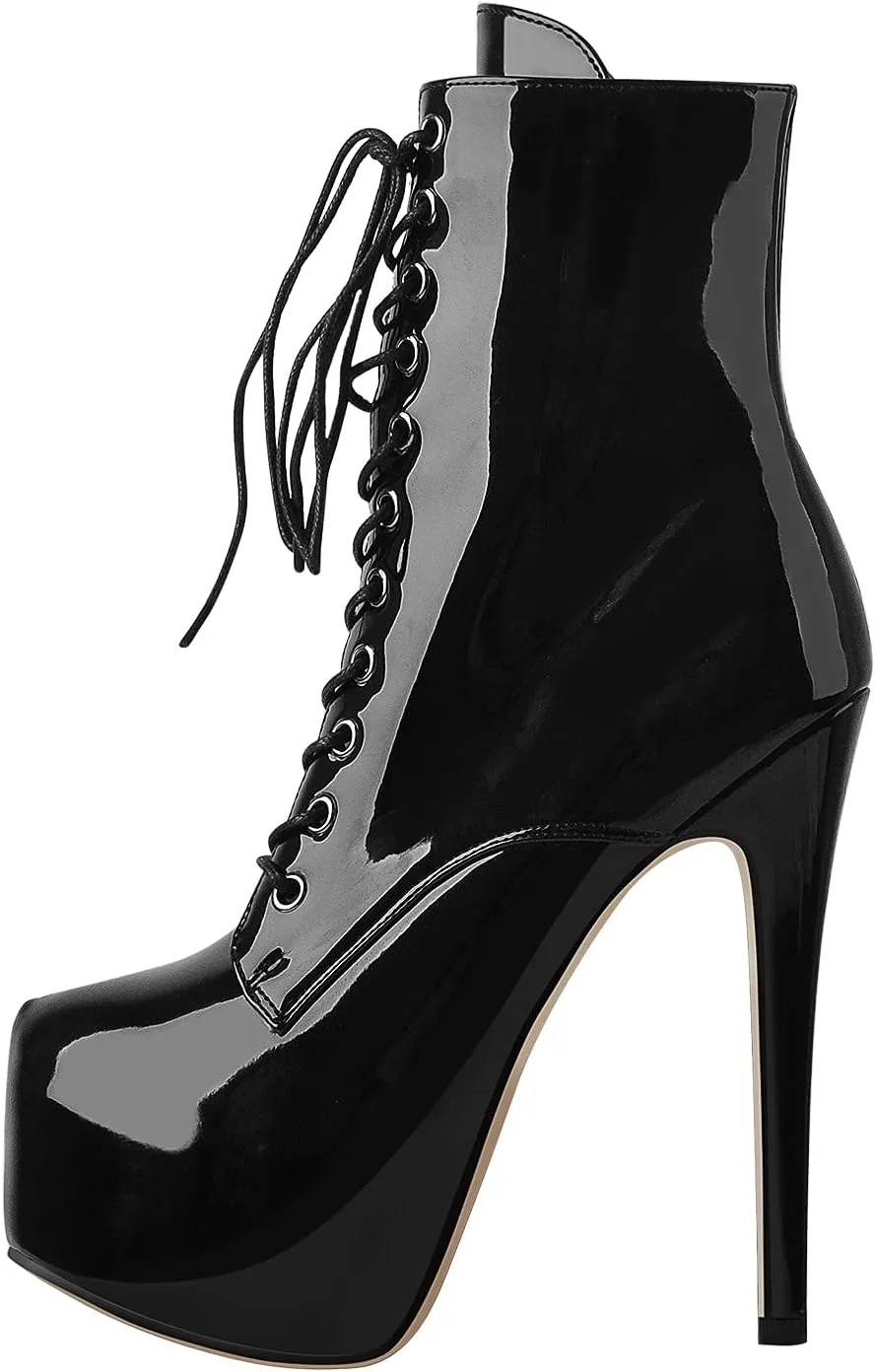 richealnini Women's Lace Up Platform Ankle Boots with Side Zipper Sexy Pointed Toe Stiletto High Heel Punk Biker Motorcycle Booties Tie Up Slim Heel Party Dress Shoes Black Size 15