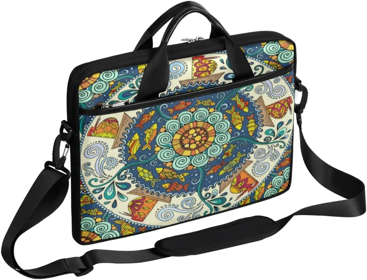 Round Mandala Motifs Laptop Computer Bag Waterproof Shoulder Messenger Bag 13-15 inch Durable Laptop Tote Bag with Shoulder Strap Handle Lightweight Crossbody Briefcase