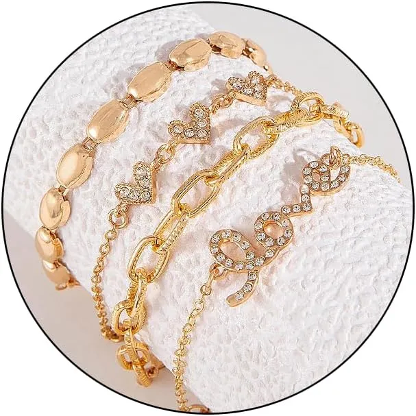 Rrdaily Vintage Layered Gold Cuff Bracelet Set for Women Boho Chunky Crystal Stackable Open Wrap Bangles Punk Heart Arrow Adjustable Bracelets Jewelry