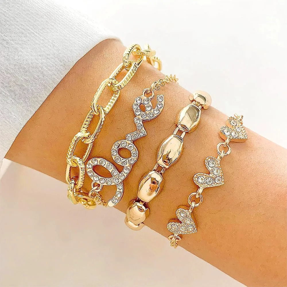 Rrdaily Vintage Layered Gold Cuff Bracelet Set for Women Boho Chunky Crystal Stackable Open Wrap Bangles Punk Heart Arrow Adjustable Bracelets Jewelry