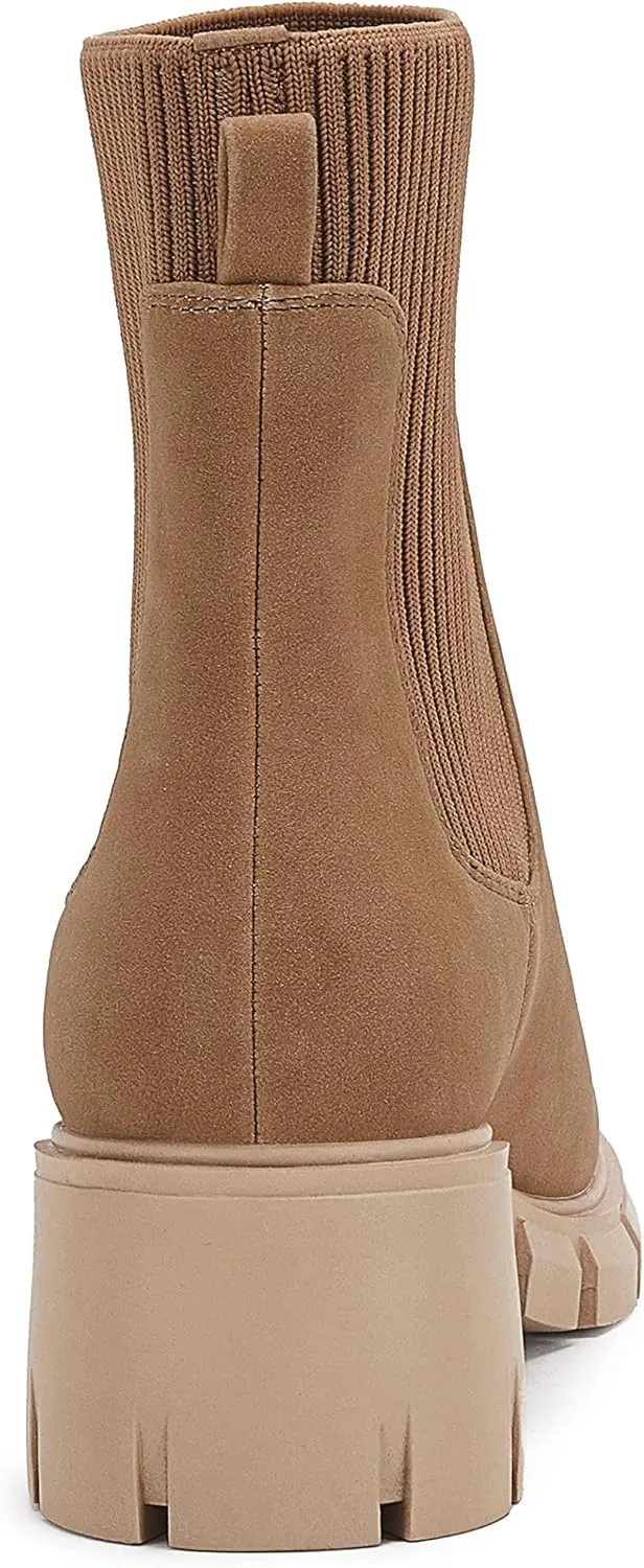 Ruanyu Womens Platform Ankle Boots Elastic Chunky Block Heel Chelsea Booties Lug Sole Non-Slip Combat Shoes