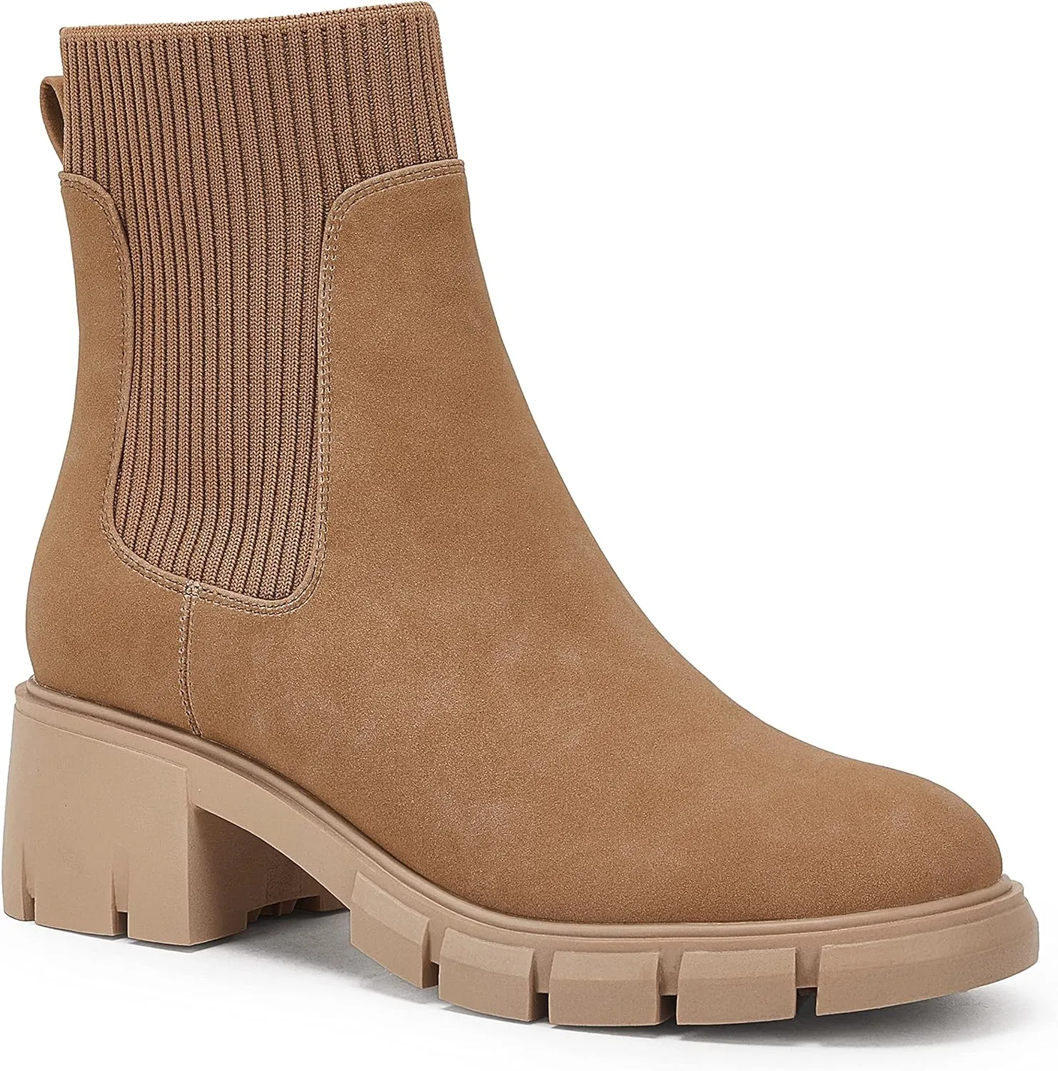 Ruanyu Womens Platform Ankle Boots Elastic Chunky Block Heel Chelsea Booties Lug Sole Non-Slip Combat Shoes