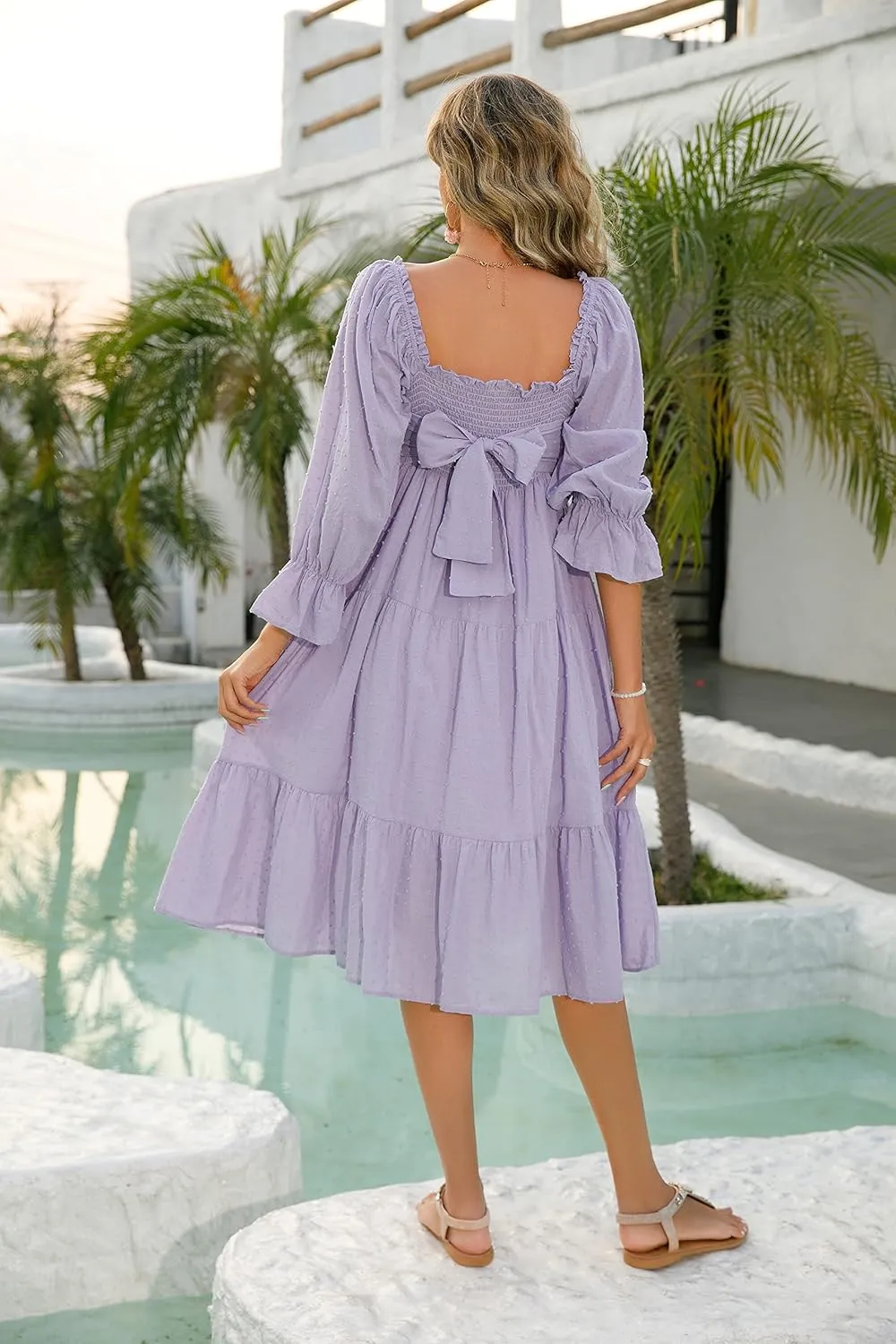 R.Vivimos Women's Summer Cotton Plaid Puff Sleeves Bow Casual Off-Shoulder Boho Midi Dress