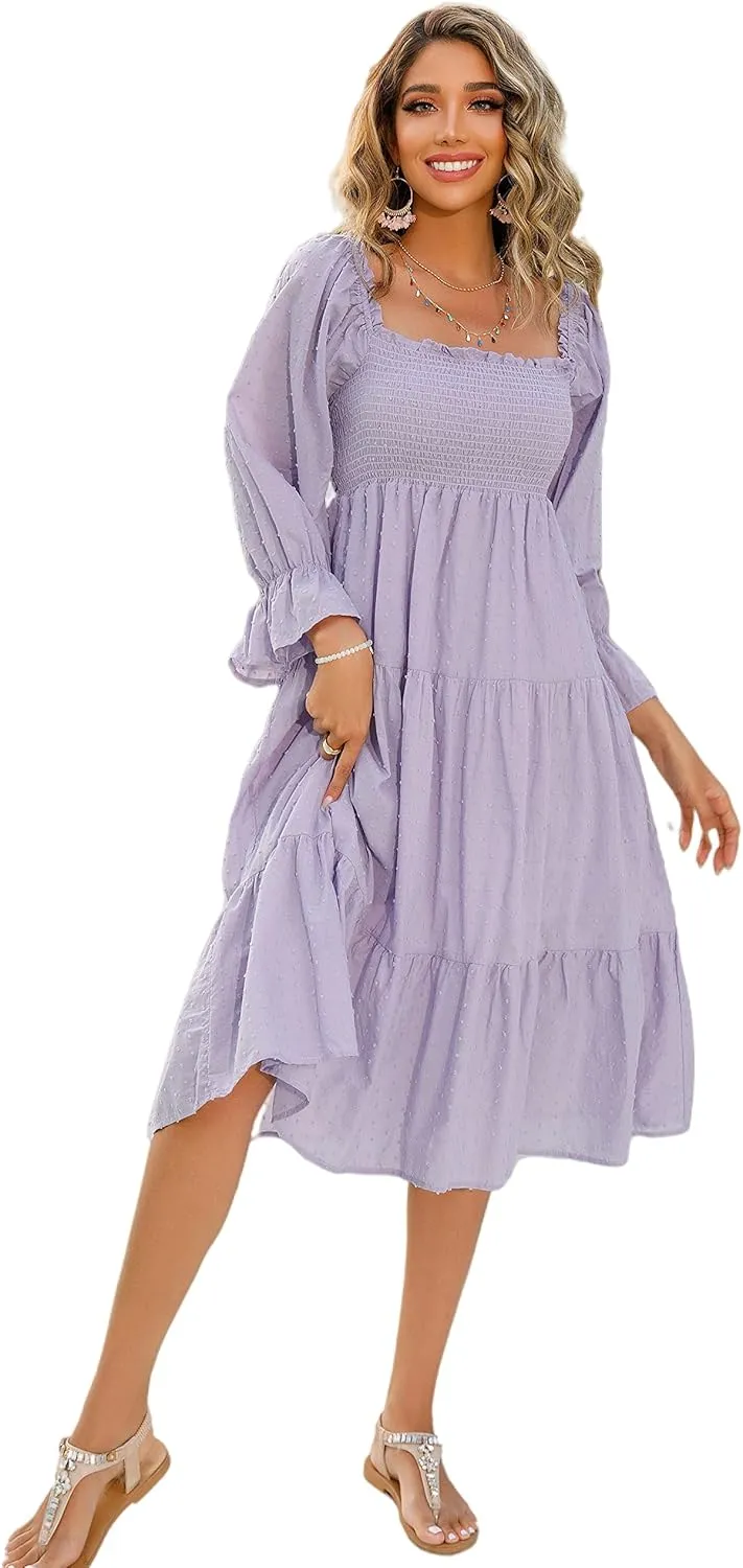 R.Vivimos Women's Summer Cotton Plaid Puff Sleeves Bow Casual Off-Shoulder Boho Midi Dress