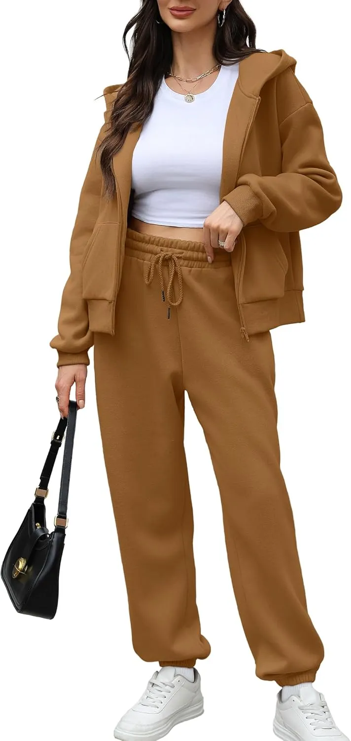 Saloogoe Sweatsuits Women 2 Piece Outfits 2024 Fall Fleece Sweatshirt Sets Zip Up Hoodie Sets Travel Lounge Sets