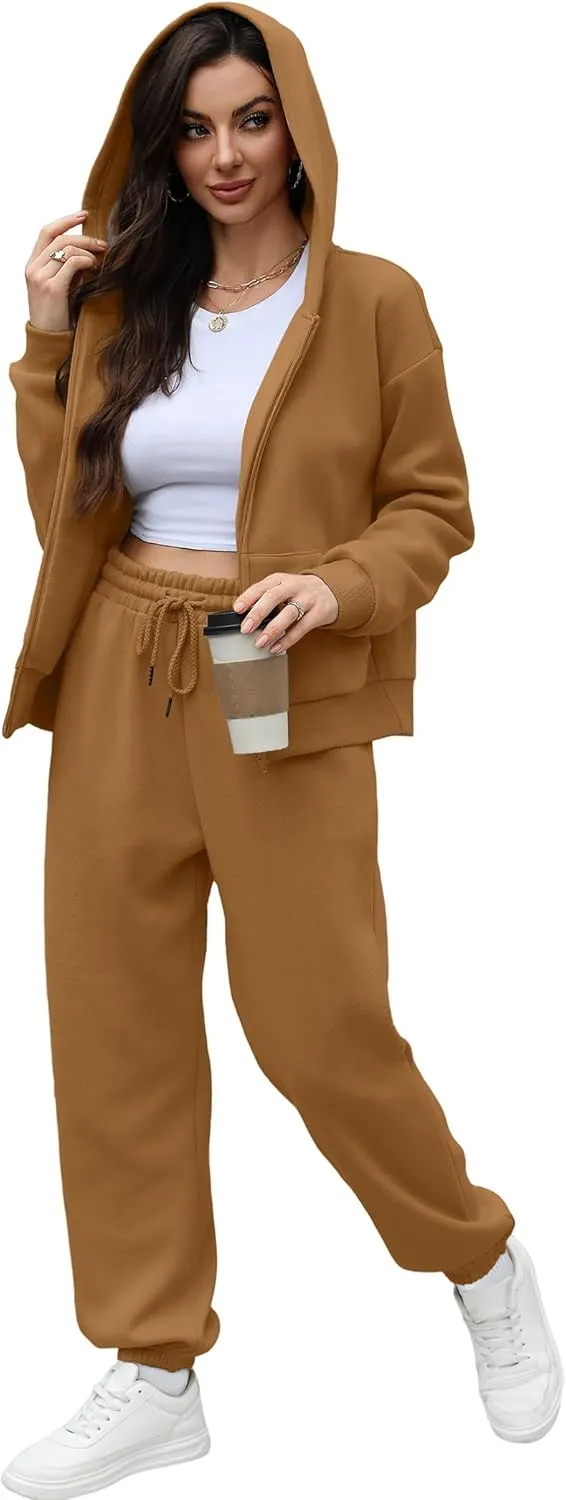 Saloogoe Sweatsuits Women 2 Piece Outfits 2024 Fall Fleece Sweatshirt Sets Zip Up Hoodie Sets Travel Lounge Sets
