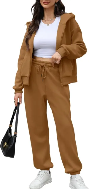 Saloogoe Sweatsuits Women 2 Piece Outfits 2024 Fall Fleece Sweatshirt Sets Zip Up Hoodie Sets Travel Lounge Sets