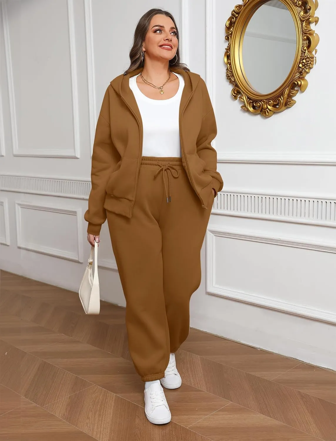 Saloogoe Sweatsuits Women 2 Piece Outfits 2024 Fall Fleece Sweatshirt Sets Zip Up Hoodie Sets Travel Lounge Sets