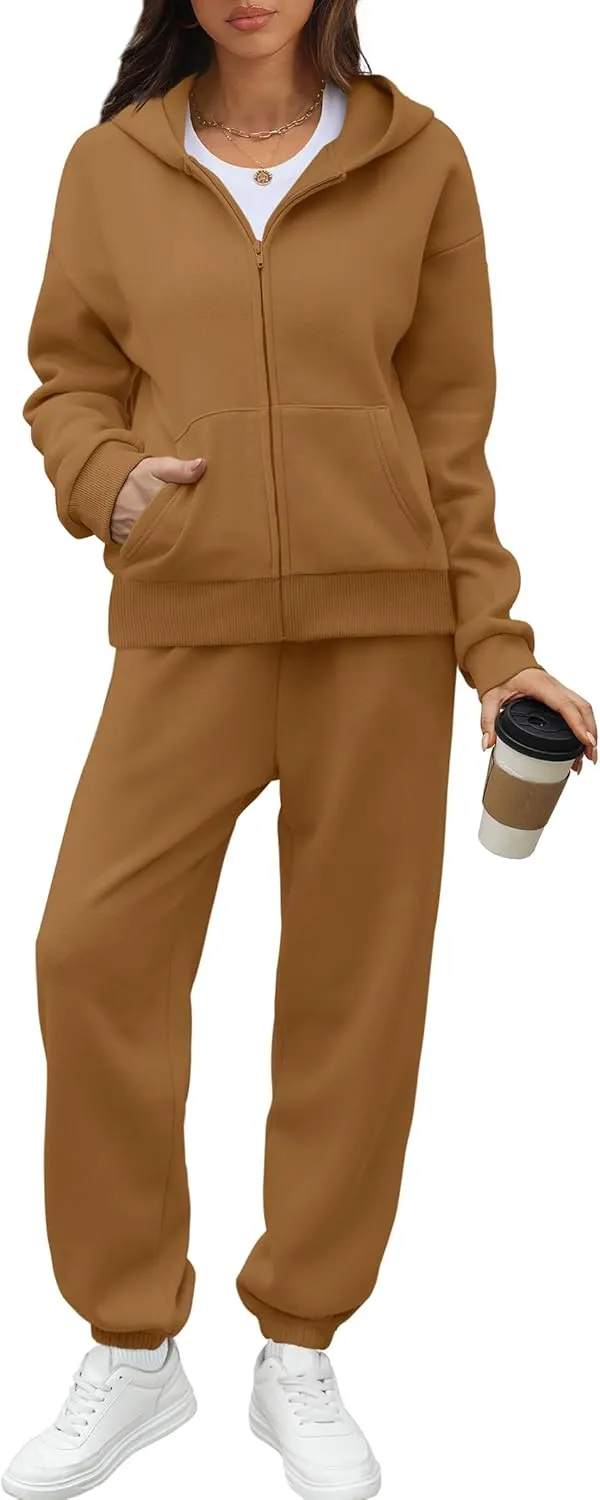 Saloogoe Sweatsuits Women 2 Piece Outfits 2024 Fall Fleece Sweatshirt Sets Zip Up Hoodie Sets Travel Lounge Sets