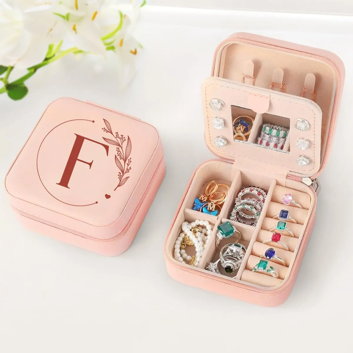 SANDJEST Personalized Jewelry Box, Pink Small Travel Jewelry Box with Initial F, Monogrammed Jewelry Case Organizer for Girls Women Teen, Mini Travel Essentials Gifts for Christmas Birthday