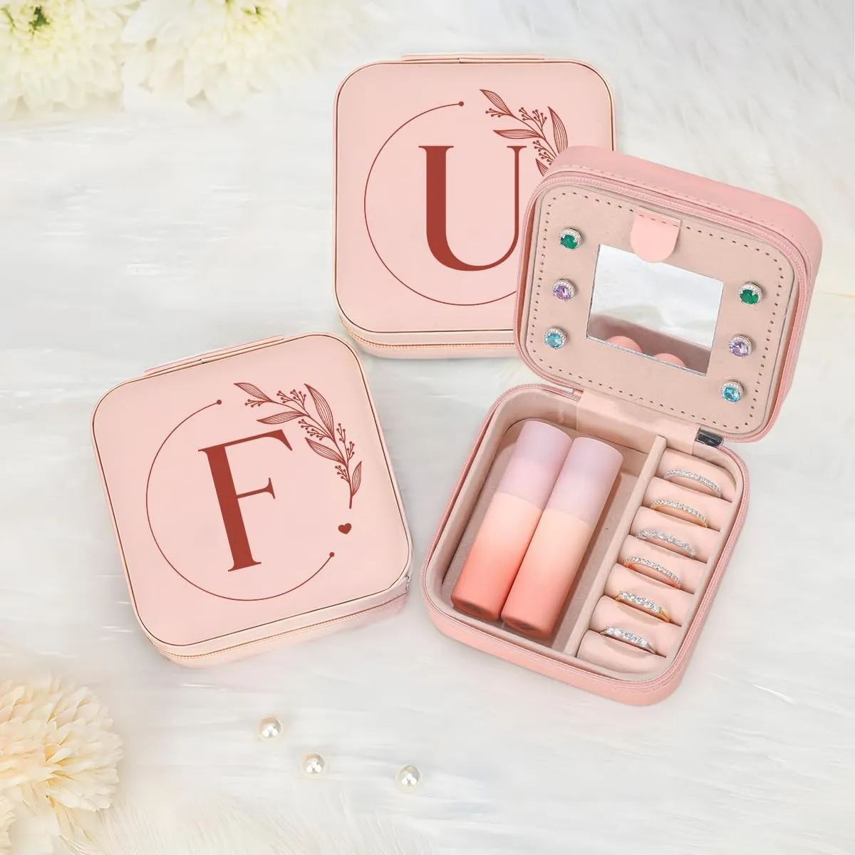 SANDJEST Personalized Jewelry Box, Pink Small Travel Jewelry Box with Initial F, Monogrammed Jewelry Case Organizer for Girls Women Teen, Mini Travel Essentials Gifts for Christmas Birthday