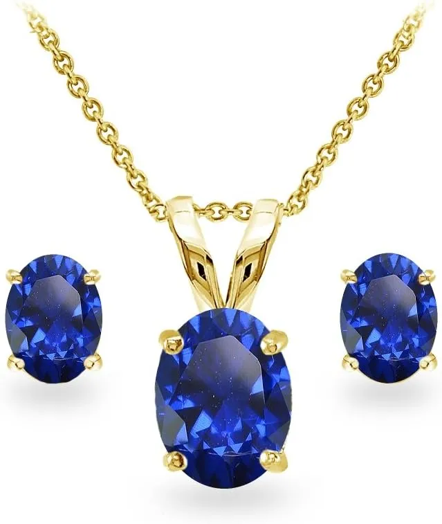 Sapphire Necklace and Earring Set Gold Flashed Sterling Silver Oval-cut Solitaire Simulated Gemstone Oval-cut Solitaire Pendant & Stud Earrings Blue Jewelry Set for Women Fashion Bridesmaids