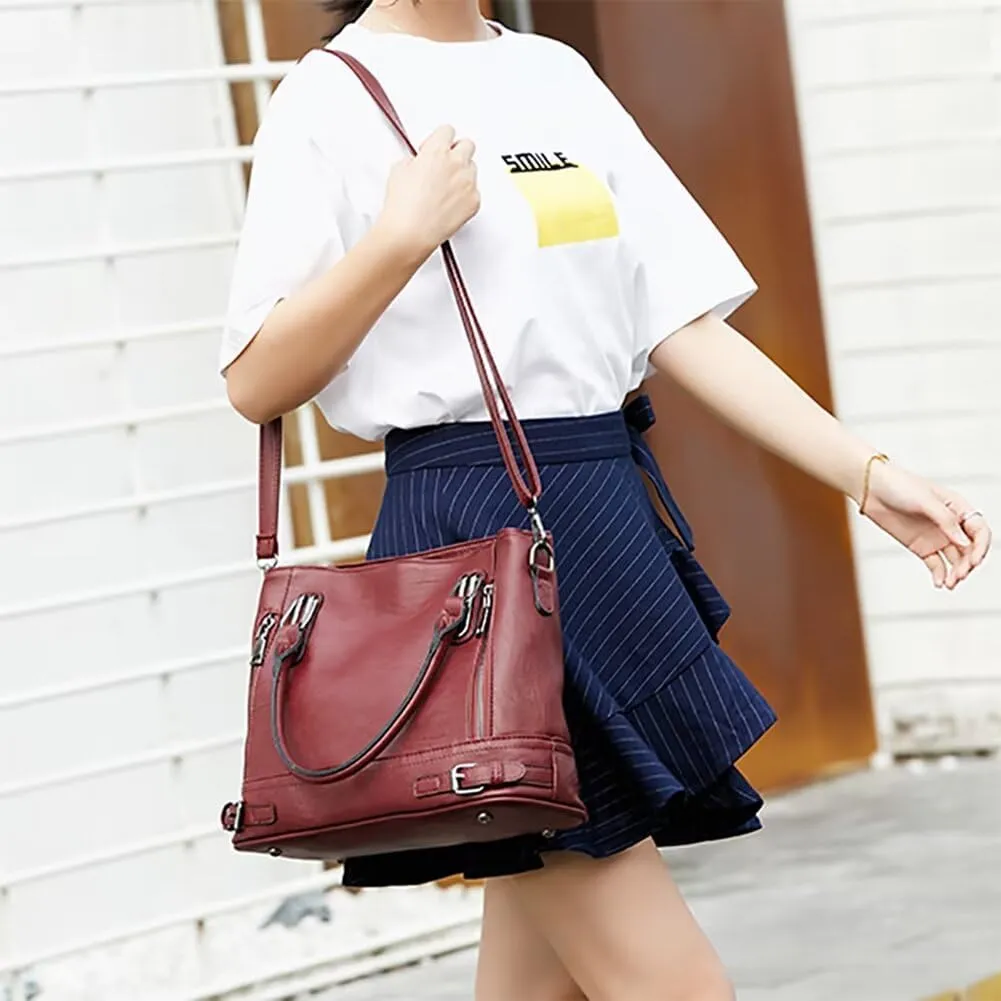 Satchel Handbag for Women Leather Tote Bag Vintage Shoulder Bag Roomy Crossbody Handbag Multi-Pockets Top Handle Bag