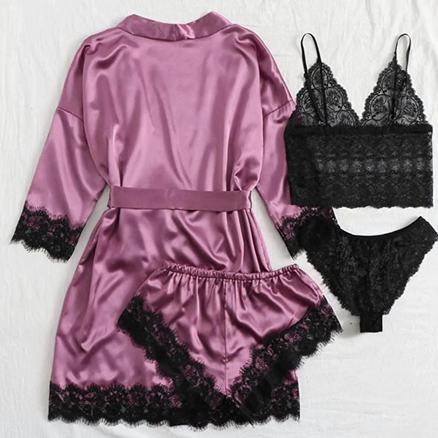 Satin Pajamas for Women 4 Piece Pjs Sets Kimono Robes and Lace Lingerie Sets Cami Nightgowns Bridesmaid Pajama Sets