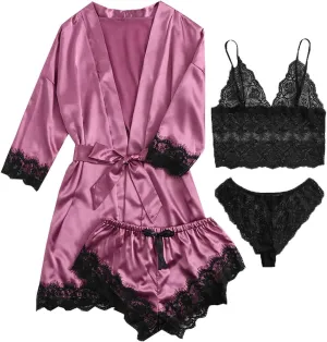 Satin Pajamas for Women 4 Piece Pjs Sets Kimono Robes and Lace Lingerie Sets Cami Nightgowns Bridesmaid Pajama Sets