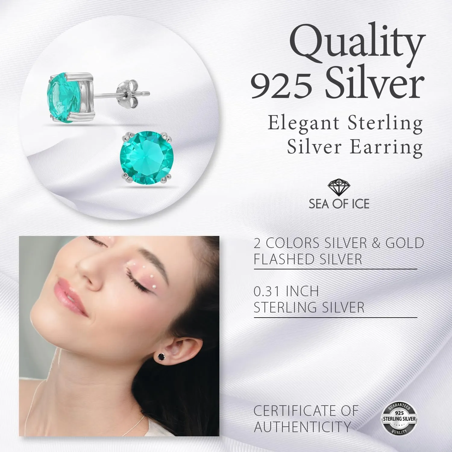 Sea of Ice Sterling Silver Round-Cut Simulated Gemstone Stud Earing for Women  Gemstone Round cut 8 mm - Elegant Sterling Silver Earrings for Women  Nickel-Free