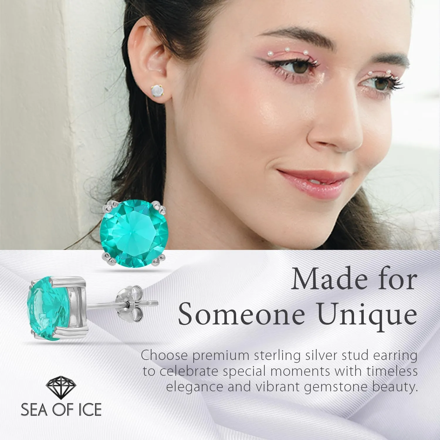 Sea of Ice Sterling Silver Round-Cut Simulated Gemstone Stud Earing for Women  Gemstone Round cut 8 mm - Elegant Sterling Silver Earrings for Women  Nickel-Free