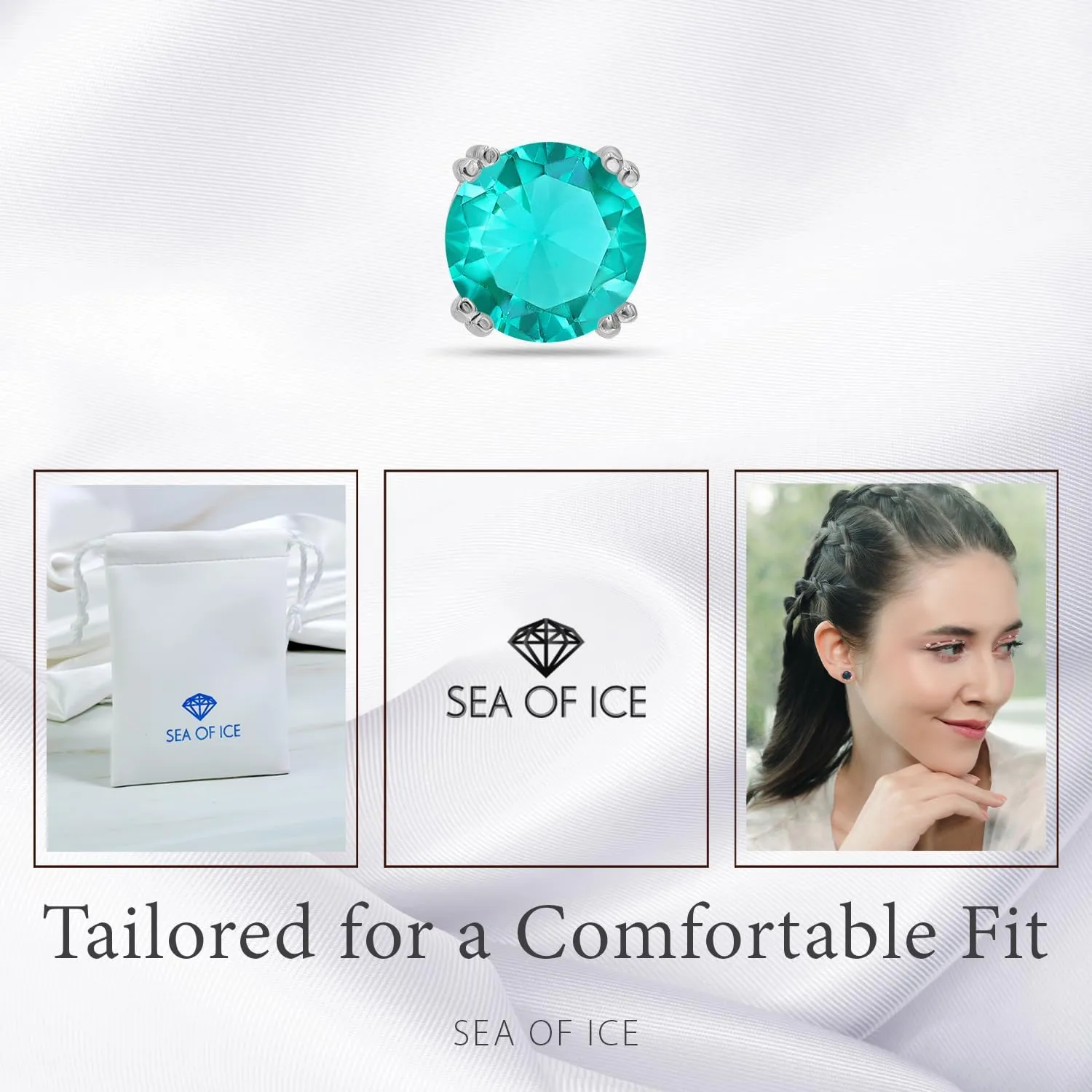 Sea of Ice Sterling Silver Round-Cut Simulated Gemstone Stud Earing for Women  Gemstone Round cut 8 mm - Elegant Sterling Silver Earrings for Women  Nickel-Free