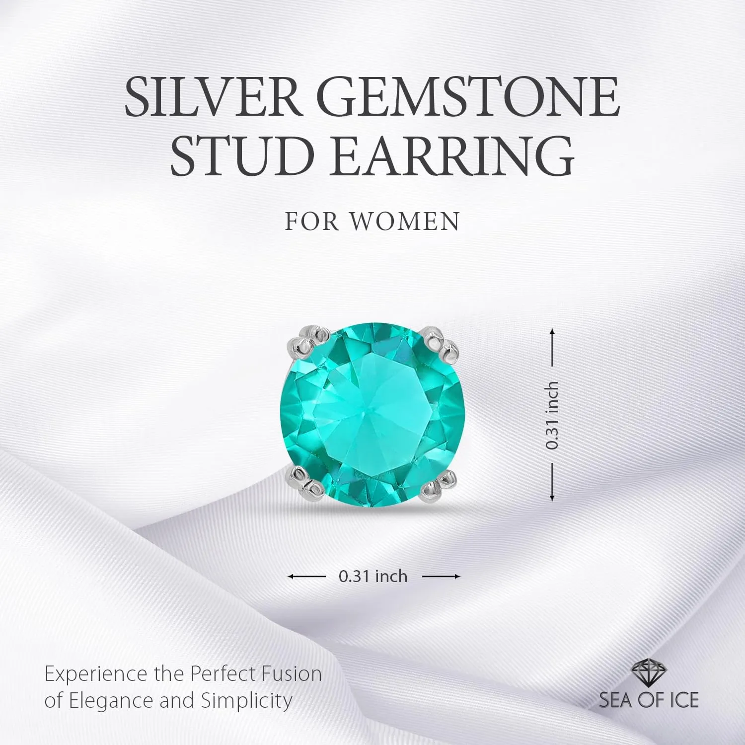 Sea of Ice Sterling Silver Round-Cut Simulated Gemstone Stud Earing for Women  Gemstone Round cut 8 mm - Elegant Sterling Silver Earrings for Women  Nickel-Free
