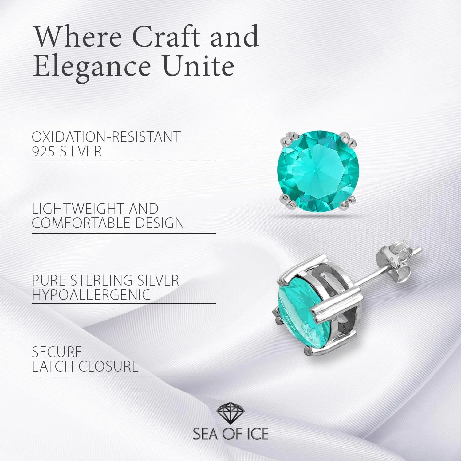 Sea of Ice Sterling Silver Round-Cut Simulated Gemstone Stud Earing for Women  Gemstone Round cut 8 mm - Elegant Sterling Silver Earrings for Women  Nickel-Free
