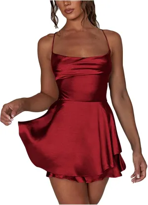 Sexy Satin Dress for Women Summer Backless Ruffle Short Dresses Cowl Neck Spaghetti Strap Tiered Layer Mini Sundress