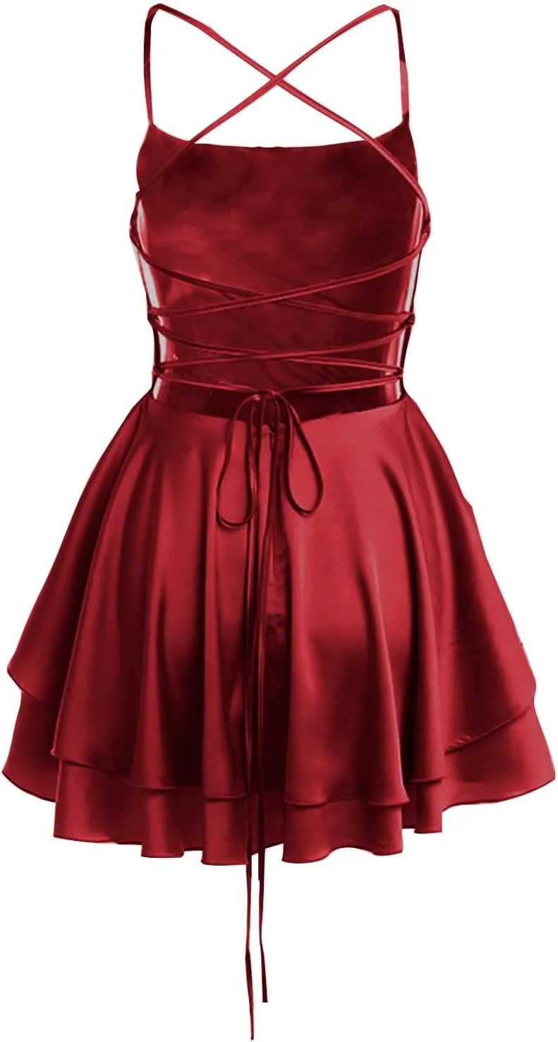 Sexy Satin Dress for Women Summer Backless Ruffle Short Dresses Cowl Neck Spaghetti Strap Tiered Layer Mini Sundress